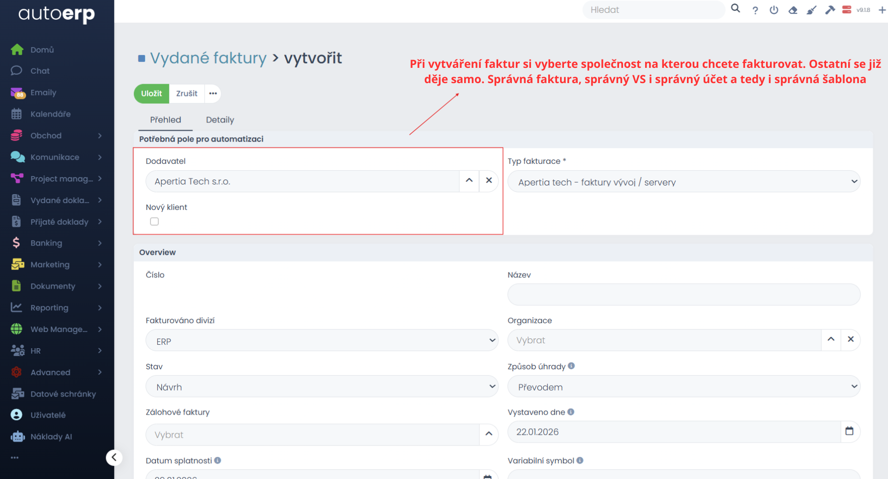 Při vytváření faktur si vyberte společnost