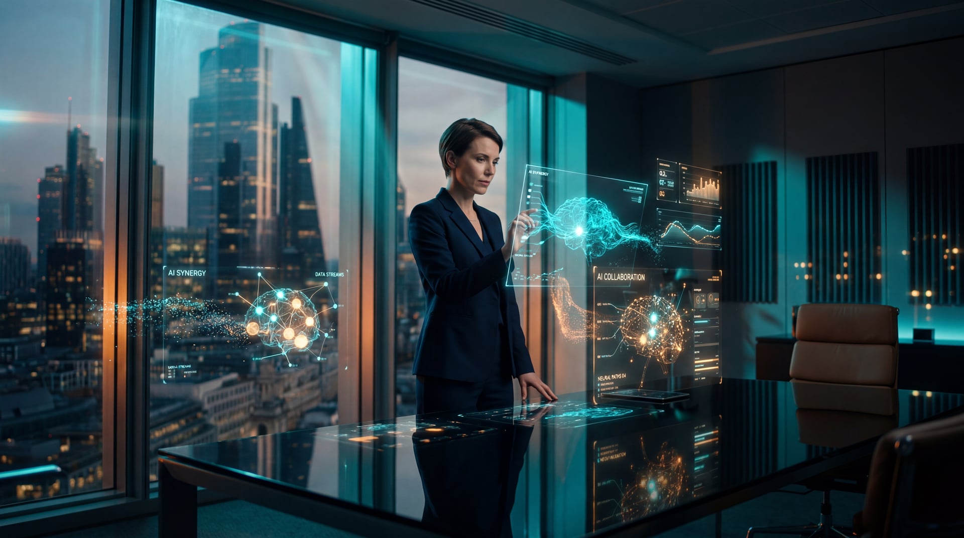 AI agenti v moderním podnikání – futuristická kancelář s holografickými rozhraními